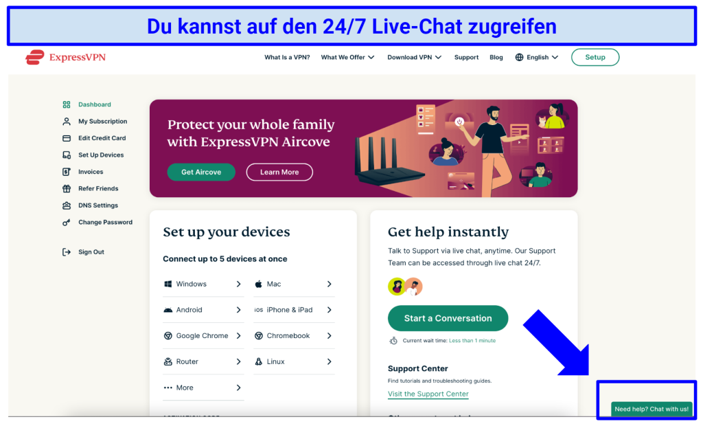 Screenshot showing ExpressVPN's website indicating where to click for live chat help