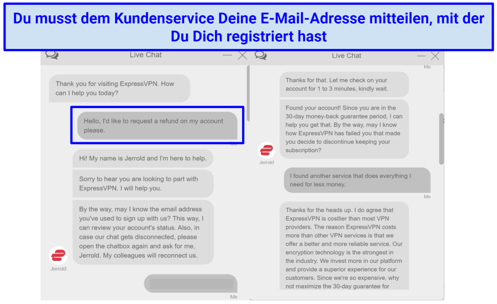 Screenshot of ExpressVPN chat requesting a refund