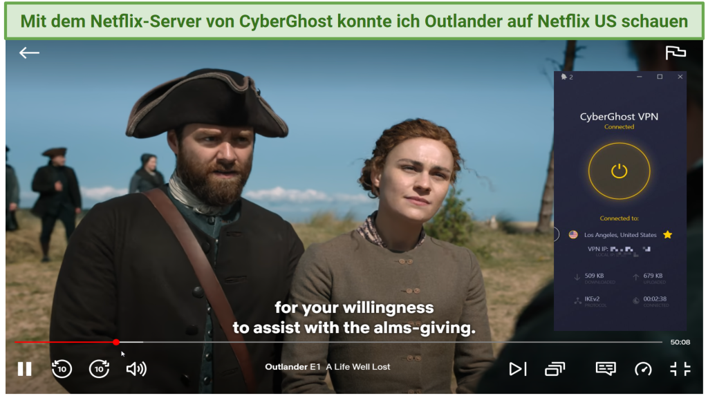 Screenshot of Outlander streaming on Netflix US with CyberGhost connected