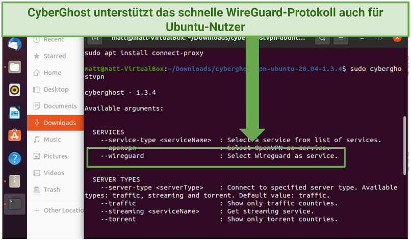 Ein Screenshot, der zeigt, dass CyberGhost das schnelle WireGuard-Protokoll für Ubuntu-Benutzer unterstützt