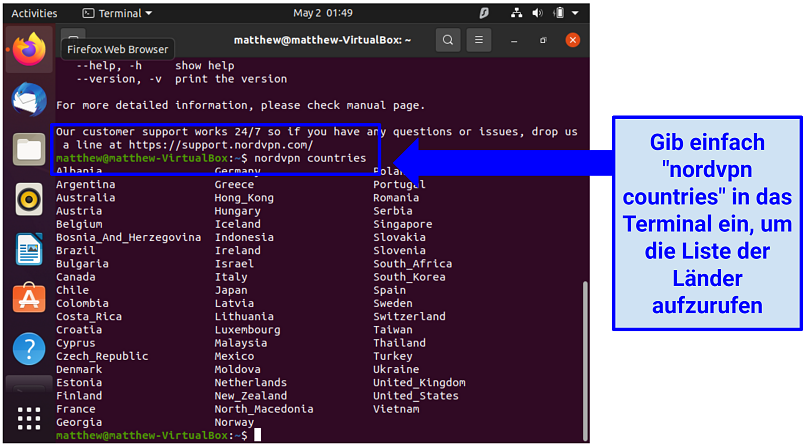 Ein Screenshot, der den Befehl anzeigt, der die Liste der Länder in NordVPNs Ubuntu-App zeigt.