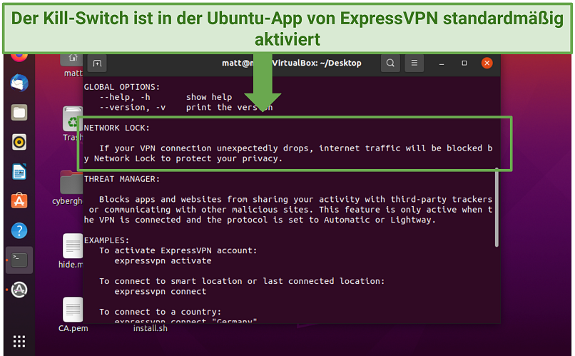 Ein Screenshot, der zeigt, dass die Ubuntu-App von ExpressVPN über einen Notausschalter (Network Lock) verfügt