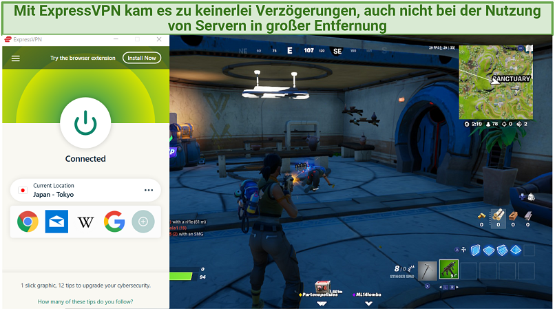 Screenshot of ExpressVPN working with Fortnite game