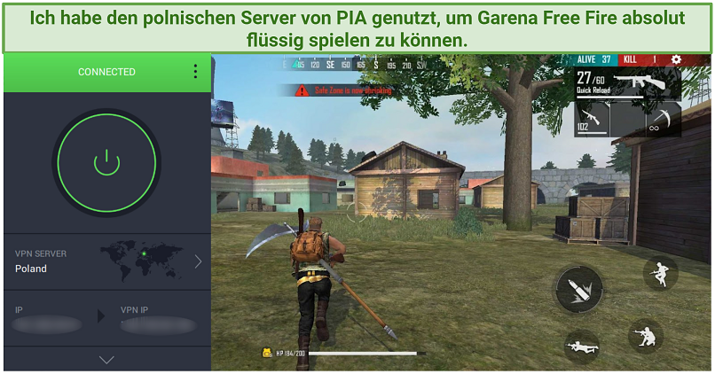 Screenshot of Private Internet Access working with Garena Free Fire