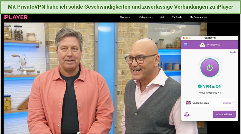 Screenshot of the BBC iPlayer streaming Celebrity Masterchef with a connected PrivateVPN app