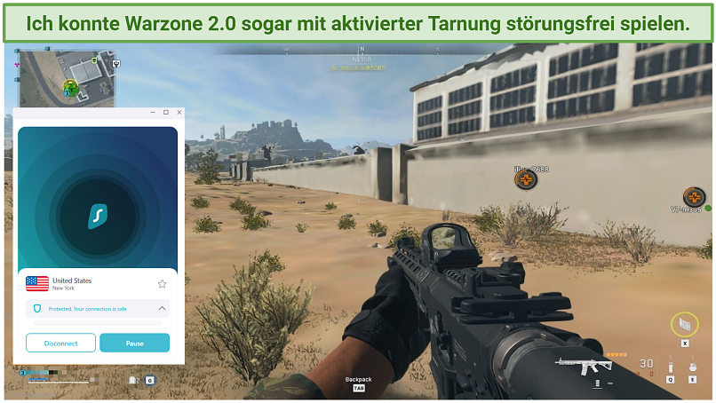 a screenshot of Warzone 2.0 gameplay with Surfshark connected