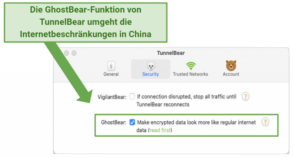 A screenshot of TunnelBear's app showing its GhostBear feature