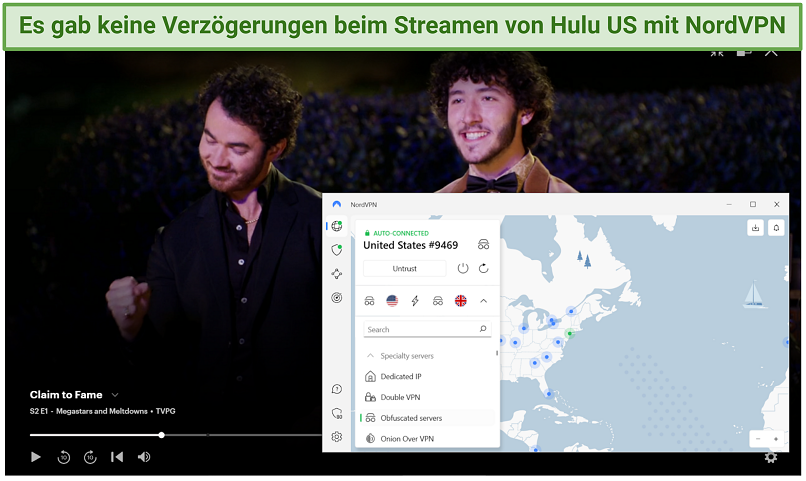 Screenshot von NordVPN beim Entsperren von Hulu