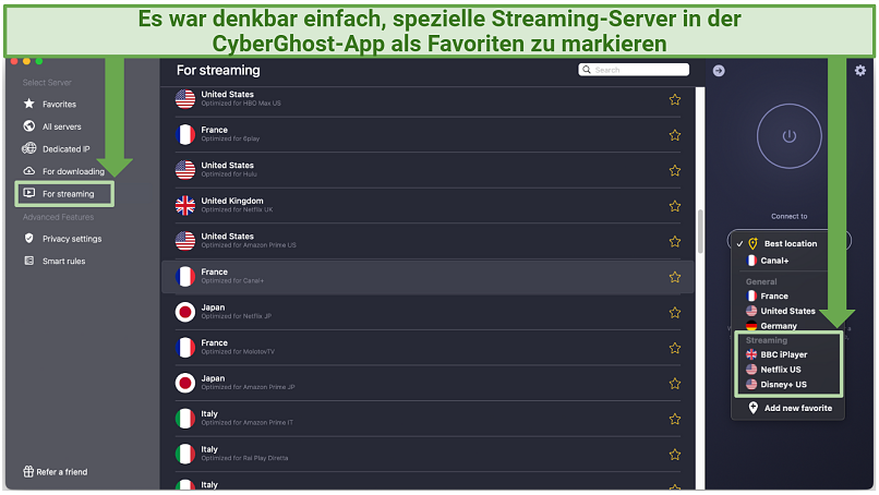 Screenshot of a CyberGhost app in expanded view, saving favorite streaming servers for easy access