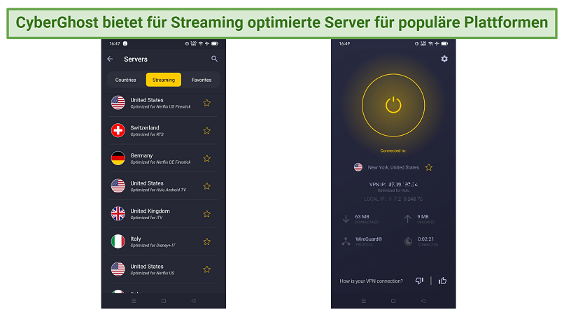 screenshot displaying CyberGhost's streaming-optimized servers
