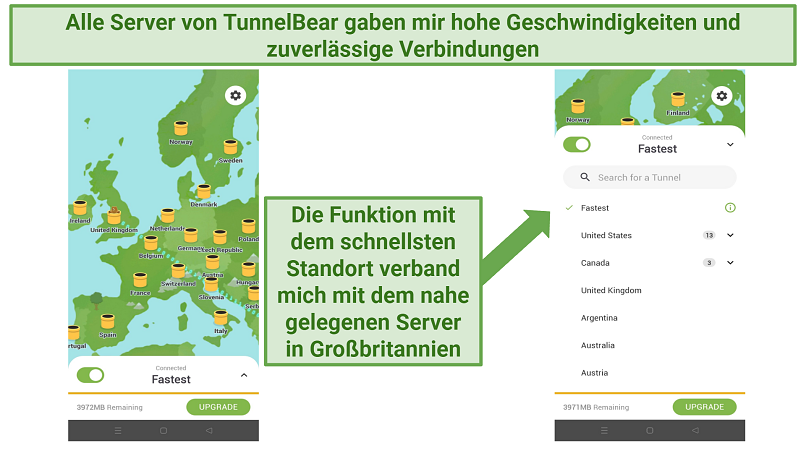 Screenshot of TunnelBear's server list