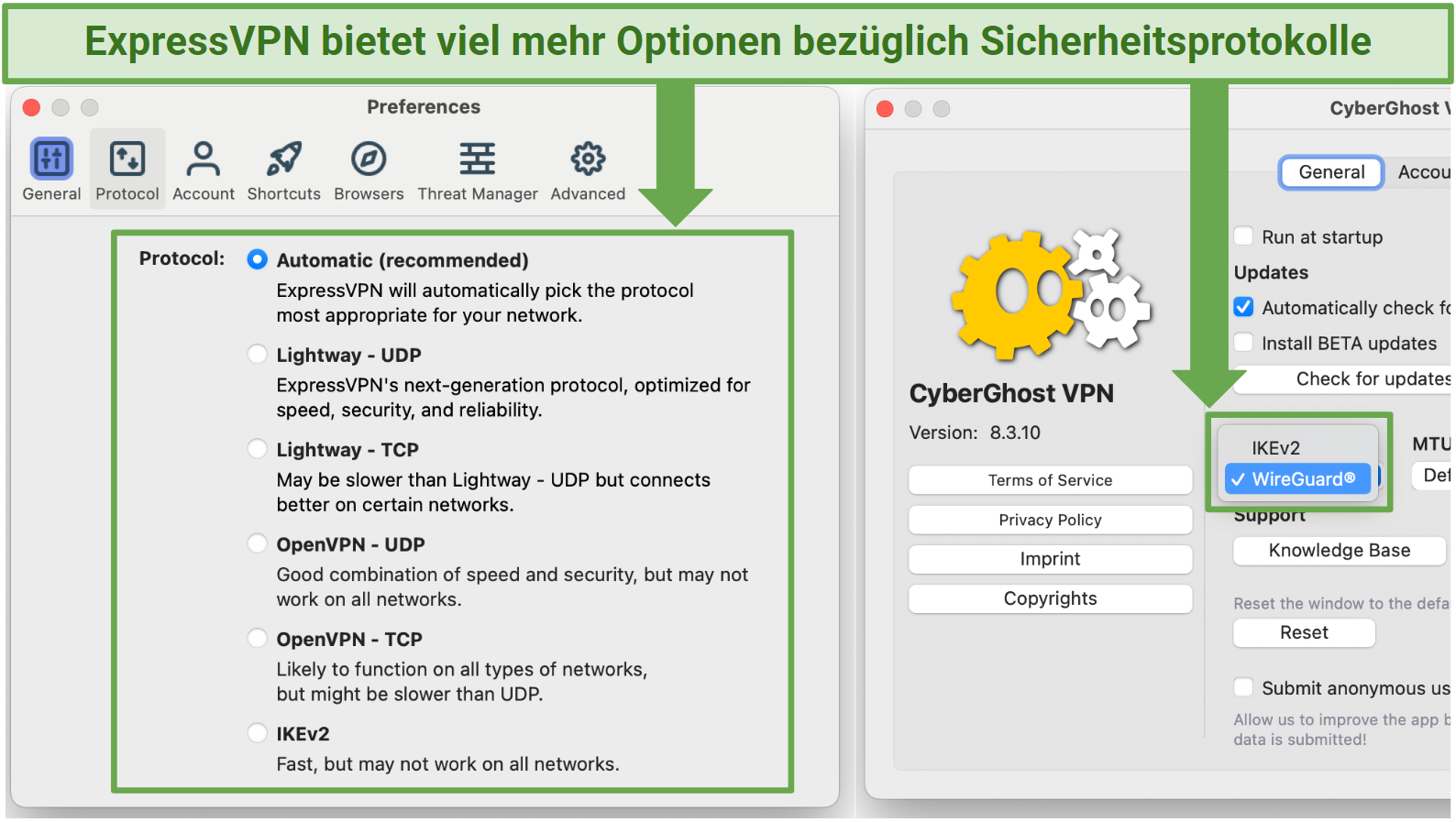 Screenshot showing the ExpressVPN and CyberGhost protocol options