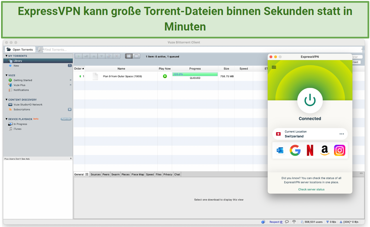 Screenshot showing the ExpressVPN app connected to a server in Switzerland over Vuze torrent downloading client