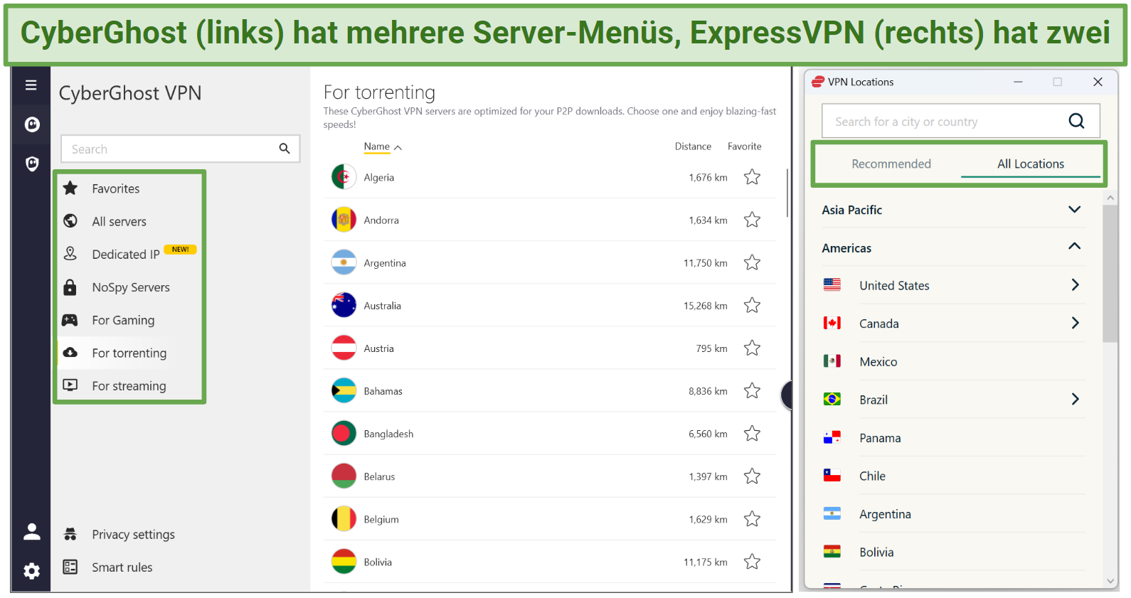 Side-by-side screenshots of CyberGhost and ExpressVPN's server menus on their Windows apps