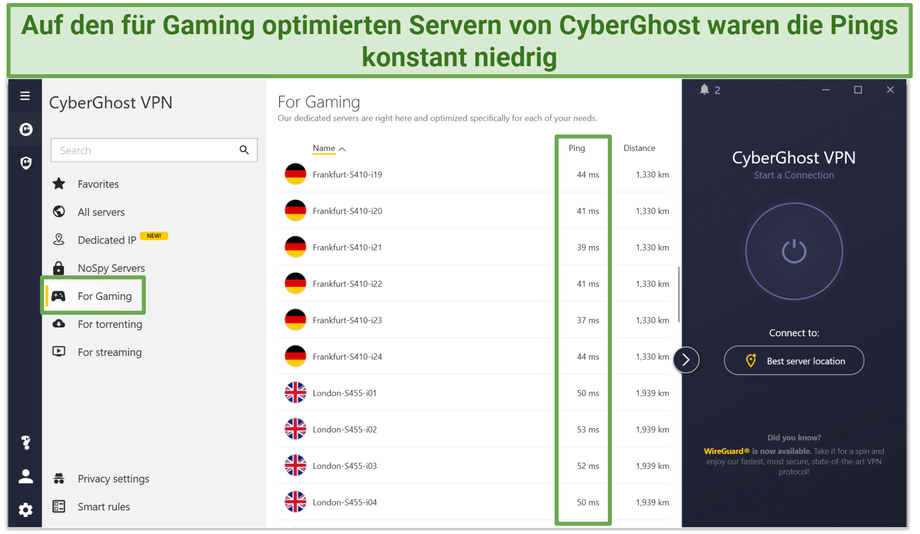 A screenshot showing some of CyberGhost's gaming-optimized servers