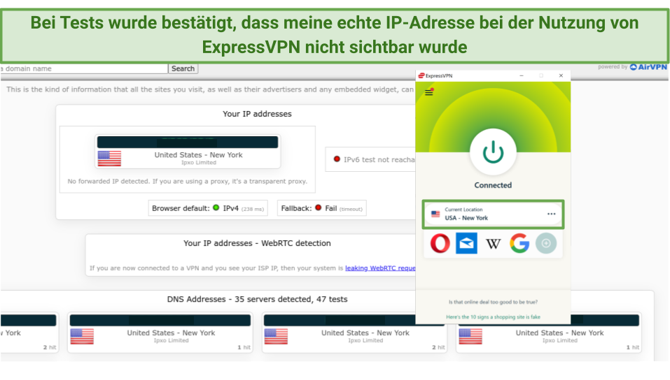 Screenshot of ExpressVPN passing leak tests connected to New York server