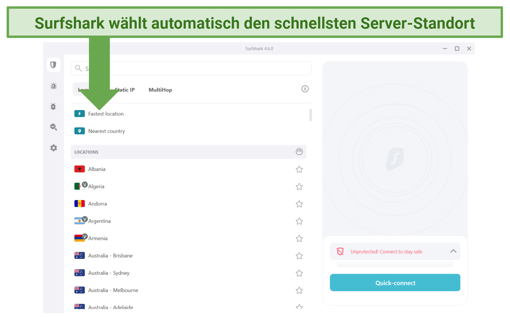 Screenshot showing the Surfshark server selection screen and fastest server option