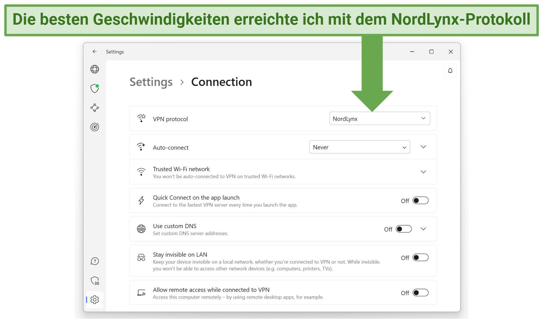 Screenshot of NordLynx protocol option on NordVPN menu screen