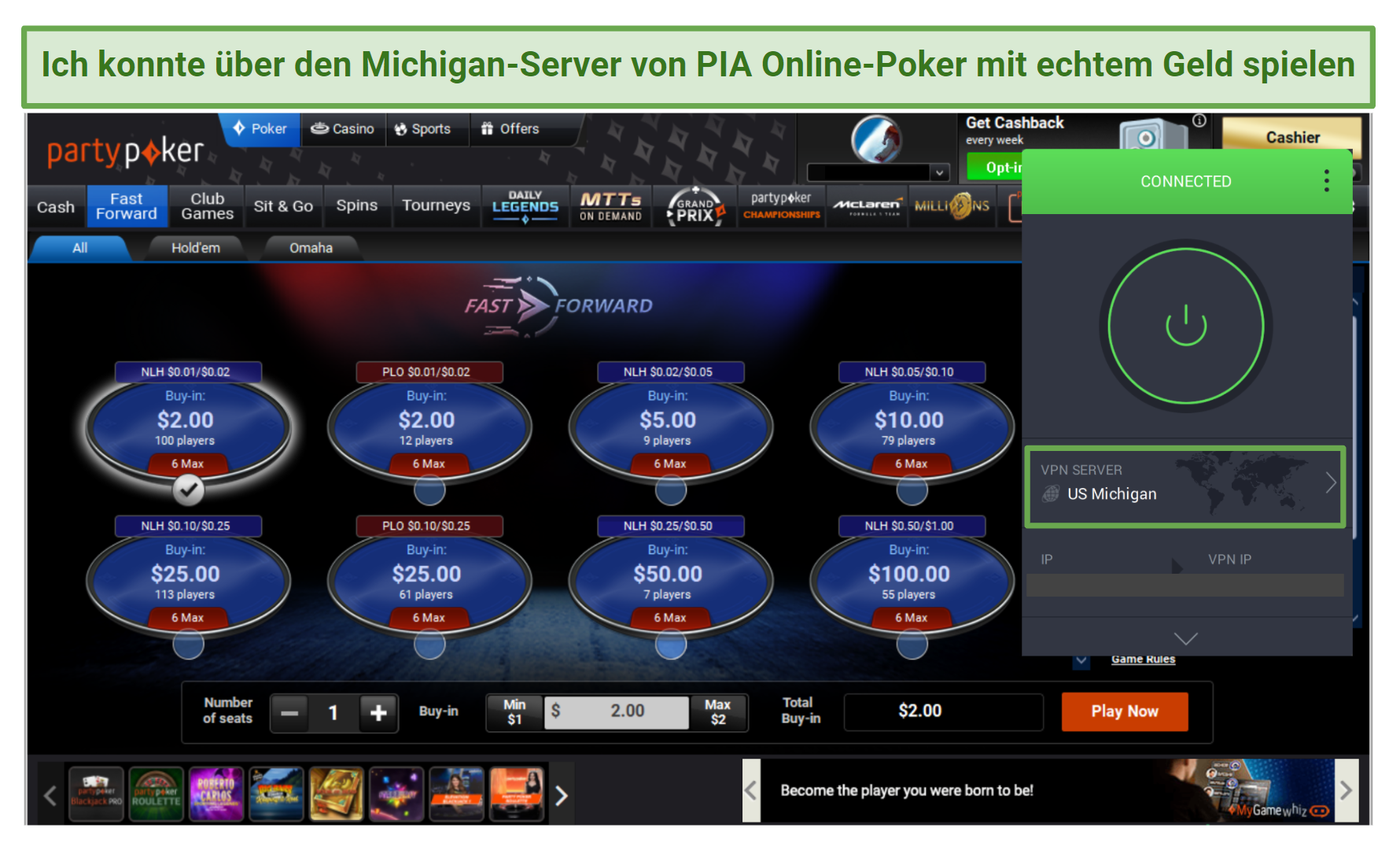 Screenshot of PIA's US Michigan server accessing partypoker