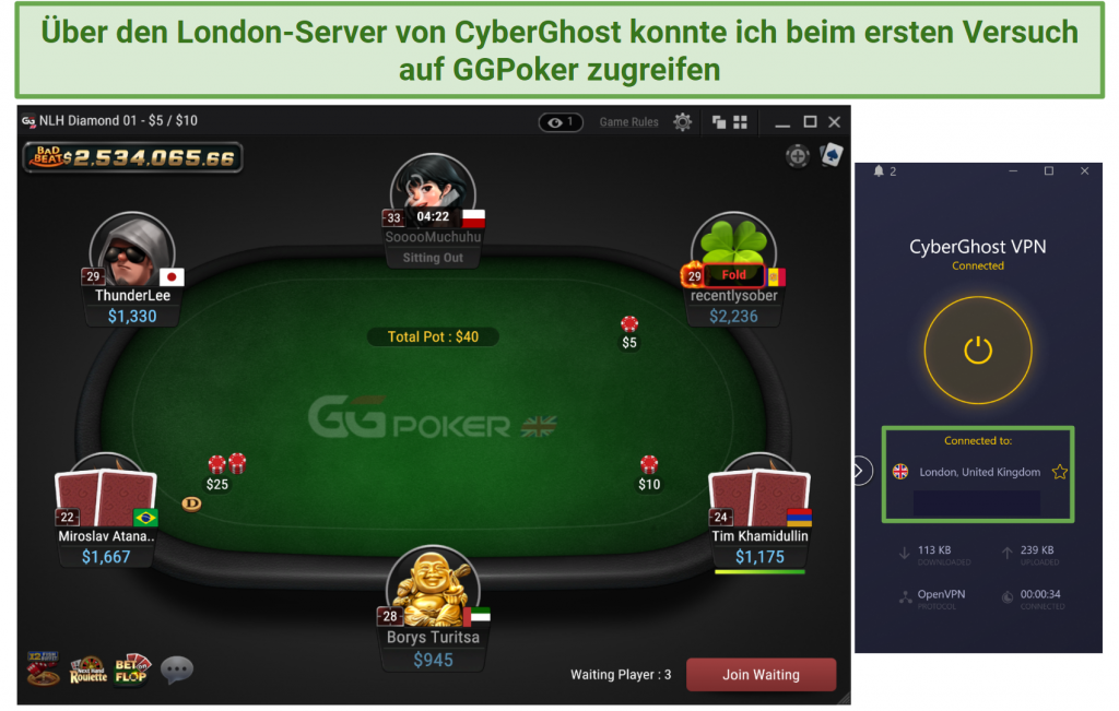 Screenshot of CyberGhost's London server access GGPoker