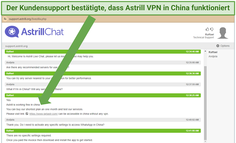Screenshot eines Gesprächs mit dem Astrill VPN Live-Chat-Support bezüglich der VPN-Nutzung in China