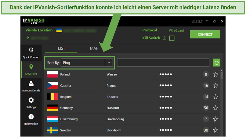 A screenshot of the IPVanish sorting feature found in its user interface