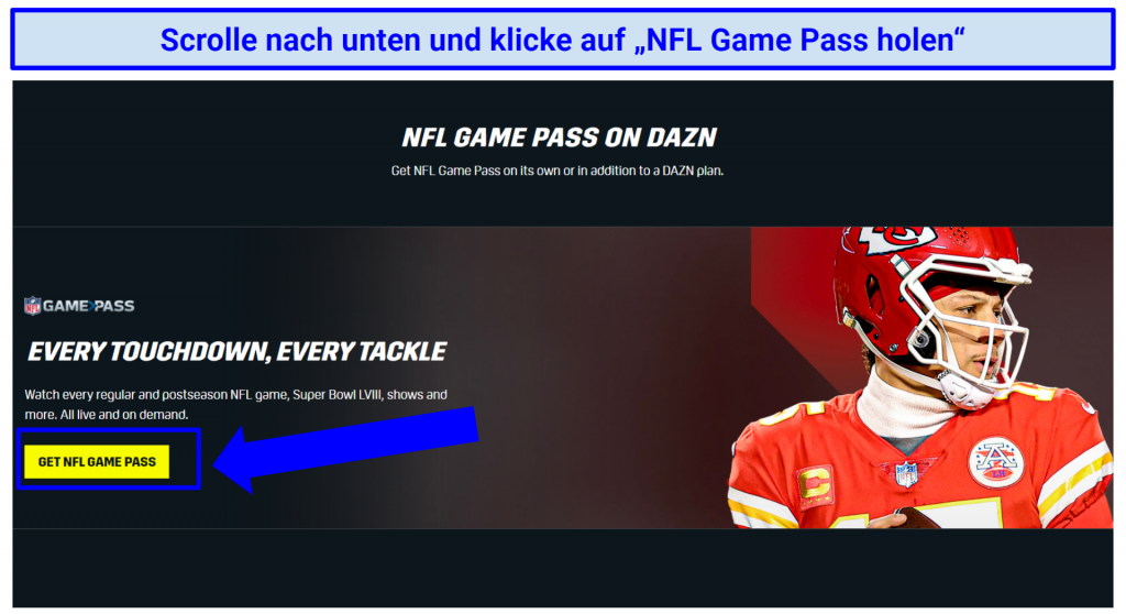 A screenshot showing the Get NFL Game Pass button on the DAZN homepage.