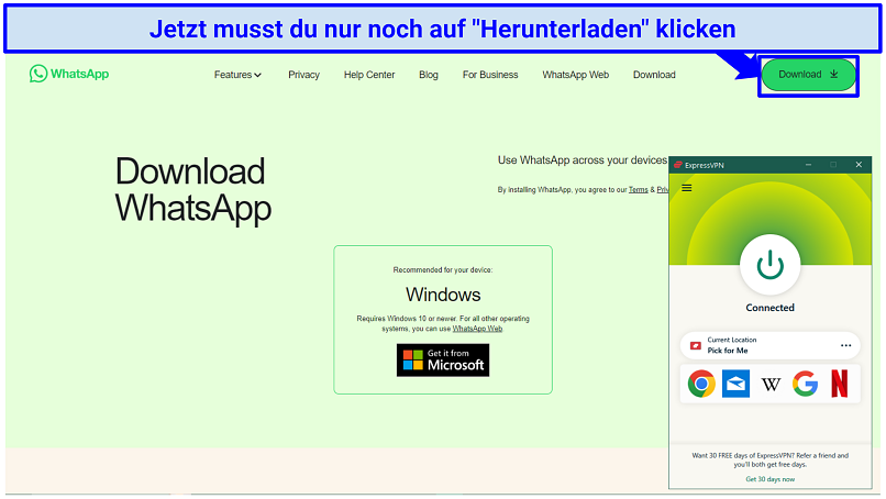 Screenshot zeigt die Download-Seite auf der Website von WhatsApp, während eine Verbindung zu ExpressVPN besteht