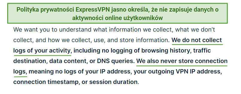 Screenshot of ExpressVPN's privacy policy highlighting what it does not collect