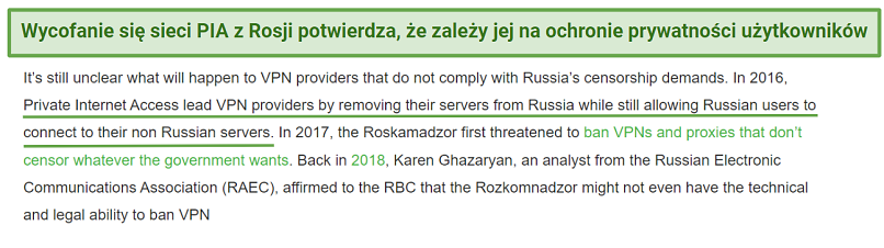 Screenshot of a blog from the Private Internet Access website about the Russian government's attempts to encroach on its citizens' online freedom