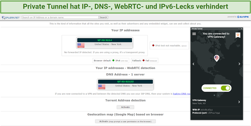 Screenshot of Private Tunnel's IP, DNS, and WebRTC leak tests using the New York server.