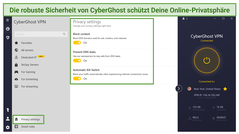 Screenshot of CyberGhost's privacy settings