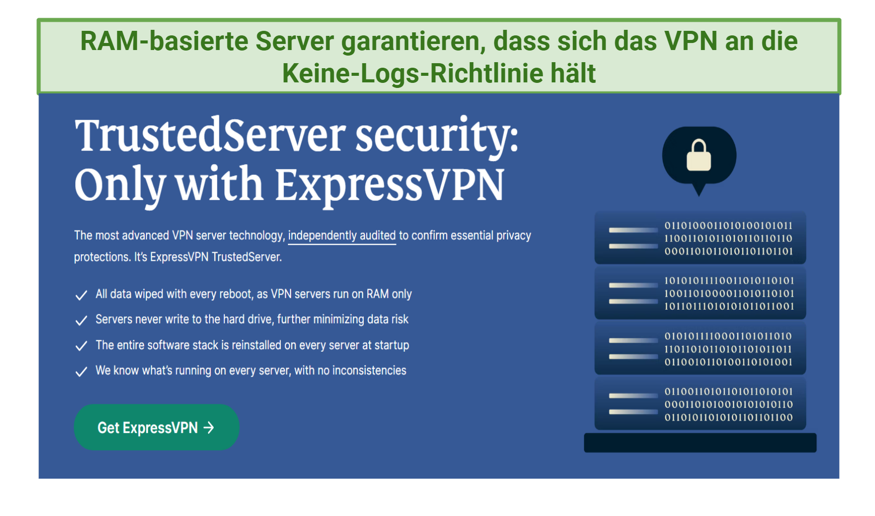 screenshot highlighting the features of ExpressVPN's TrustedServer technology