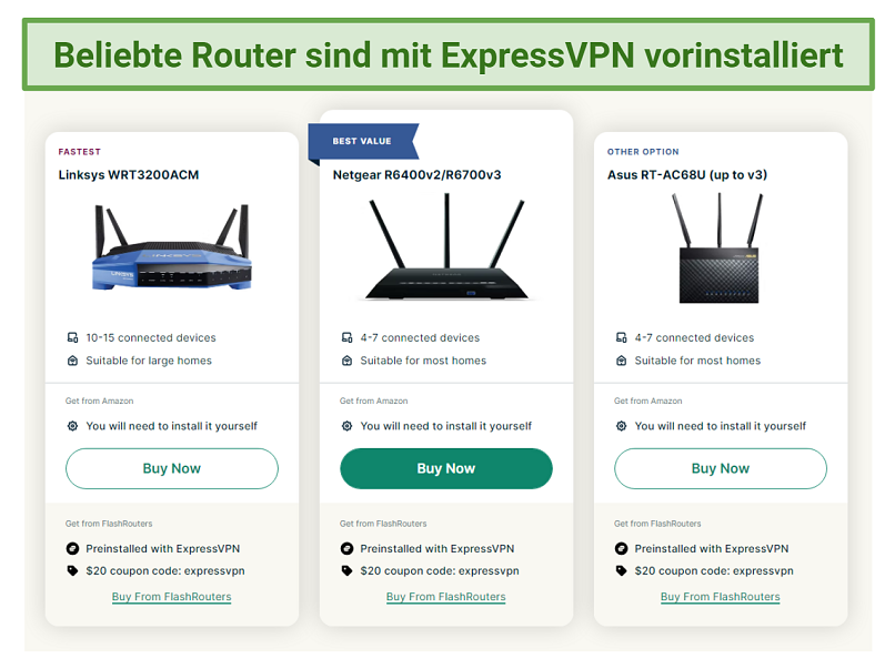 A screenshot of pre-configured routers from ExpressVPN's website