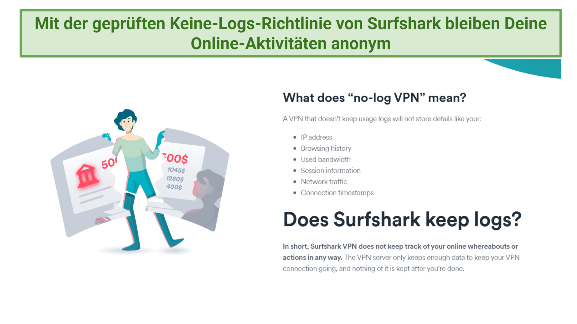 Screenshot displaying information about whether or not Surfshark keeps logs