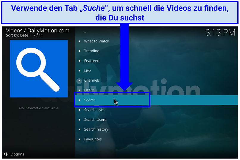 Ein Screenshot, der zeigt, dass Du mit dem Dailymotion Kodi Add-on schnell Videos finden kannst