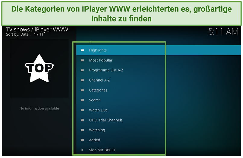 Ein Screenshot, der zeigt, dass das iPlayer WWW Kodi Add-on großartige Inhalte hat