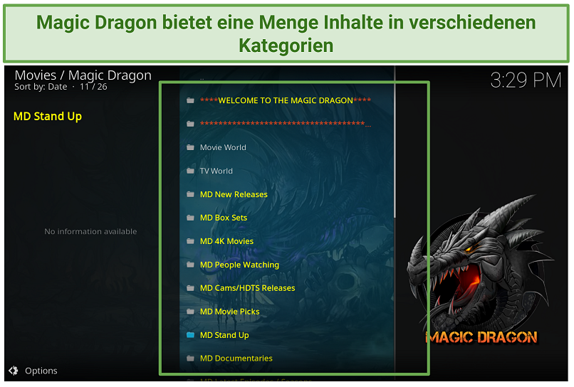 Ein Screenshot, der zeigt, dass das Magic Dragon Kodi Add-on seine Inhalte in verschiedene Kategorien eingeteilt hat.