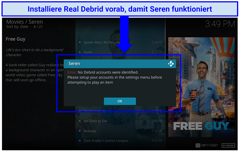 Ein Screenshot, der zeigt, dass Seren Real Debrid zur Funktion benötigt.