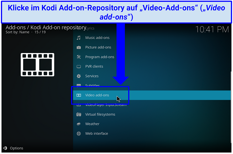 Ein Screenshot der Video-Add-on-Option, die Sie direkt zu offiziellen Kodi Add-ons führt