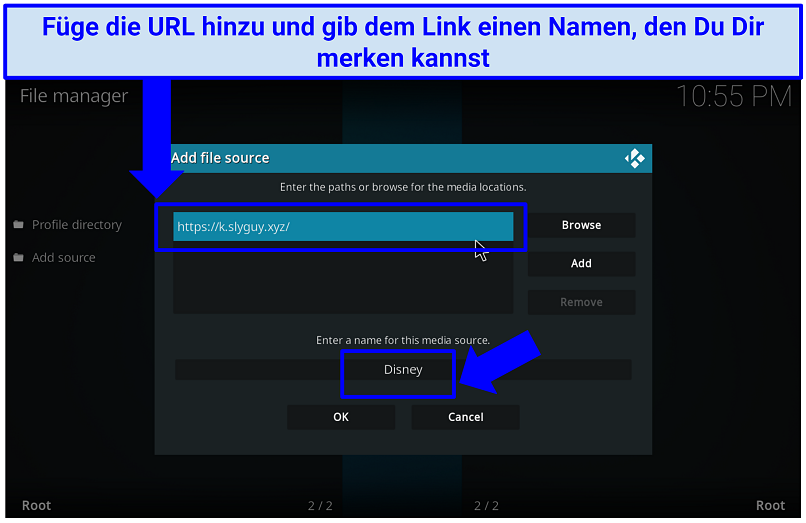 Ein Screenshot, der zeigt, wie einfach es ist, die URL eines Repositories hinzuzufügen und ihm in Kodi einen Namen zu geben