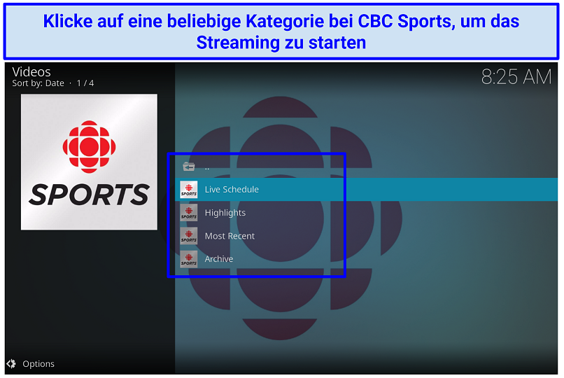 Ein Screenshot zeigt, dass das CBC Sports Add-on eine einfache Benutzeroberfläche hat