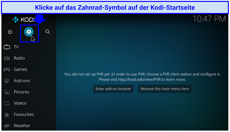 Ein Screenshot, der das Zahnradsymbol zeigt, auf das Sie klicken sollten, um Kodi-Add-ons aus Drittanbieter-Repositories zu installieren