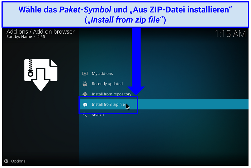Ein Screenshot, der den Button zeigt, den Sie anklicken sollten, um Kodi-Repositories aus ZIP-Dateien zu installieren