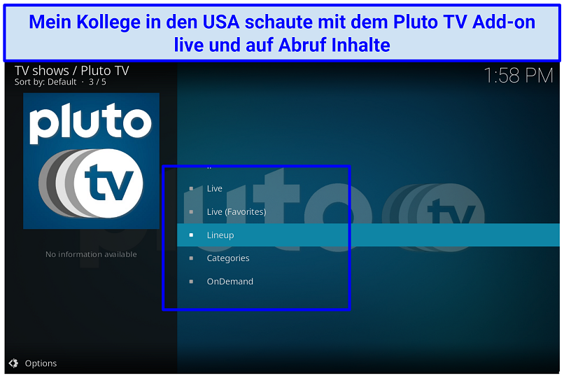 Ein Screenshot, der das vielfältige Angebot des Pluto TV-Add-ons zeigt