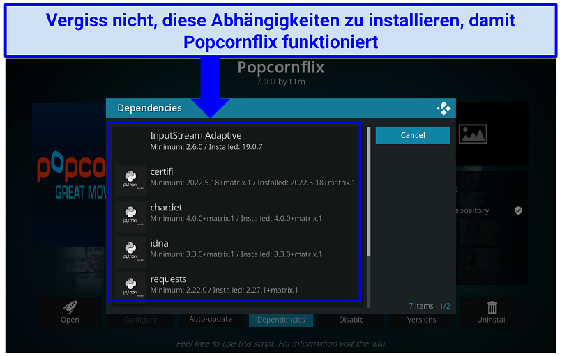 Ein Screenshot, der zeigt, dass Du andere Abhängigkeiten installieren musst, damit das Popcornflix Add-on funktioniert