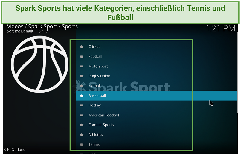 Ein Screenshot, der zeigt, dass das Spark Sports Kodi Add-on eine große Auswahl an Sportereignissen bietet