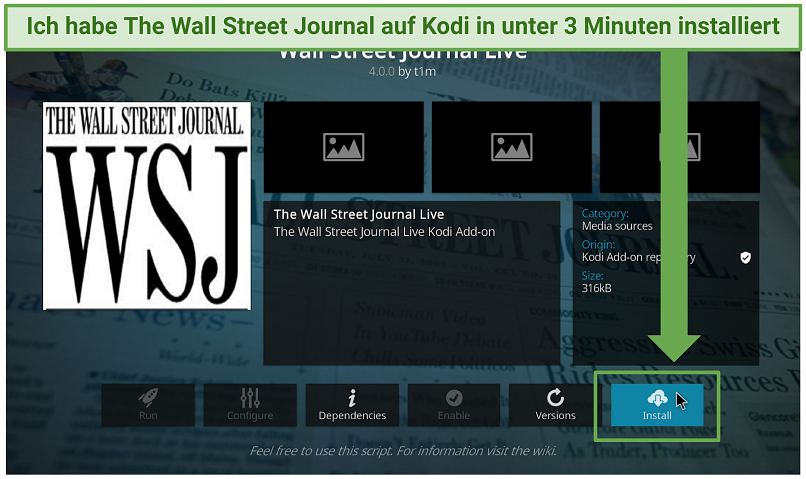 Ein Screenshot, der zeigt, dass Sie das Wall Street Journal-Add-on auf Kodi installieren können