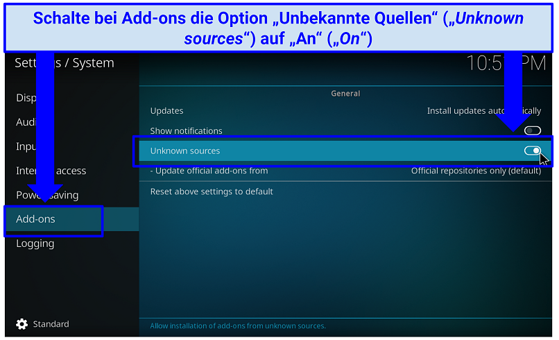 Ein Screenshot, der zeigt, dass Sie die Option 'Unbekannte Quelle' auf EIN umstellen müssen, um Installationen von Kodi-Add-ons von Drittanbietern zu erlauben