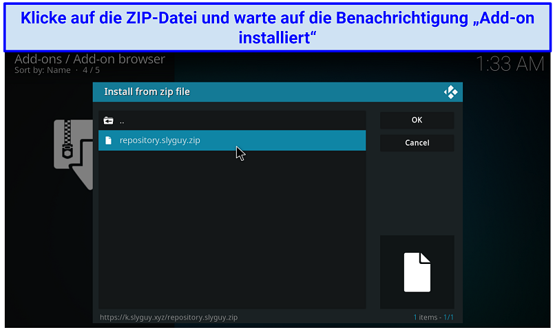 Ein Screenshot, der die eigentliche Zip-Datei zeigt, auf die Sie klicken müssen, um ein Kodi-Repository zu installieren